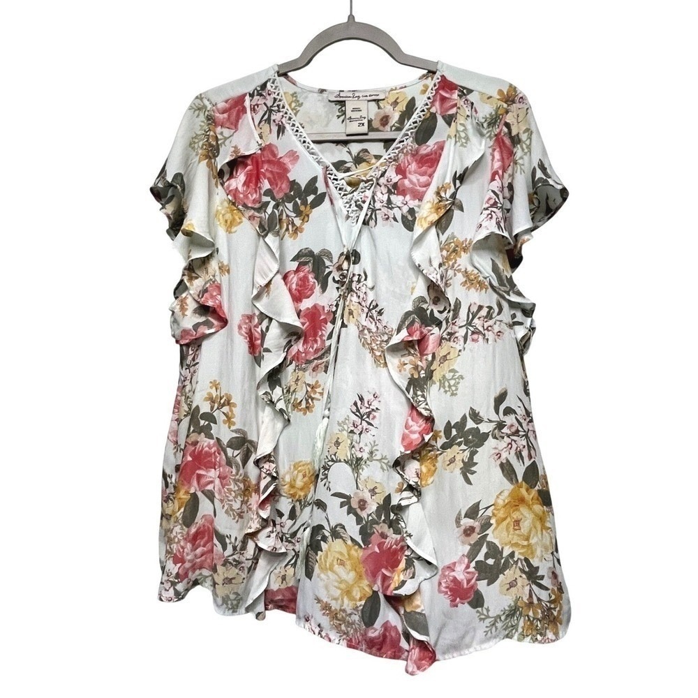 American Rag Cie Women's Floral Print Lace Up V Neck Ruffle Sleeve Tunic‎ Top 2X